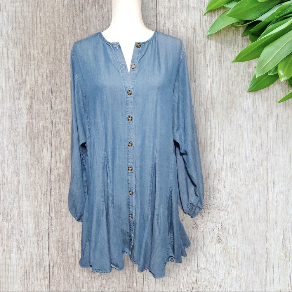 Gianni Bini Blue Long Sleeve Relaxed Tunic with Mandarin Collar
